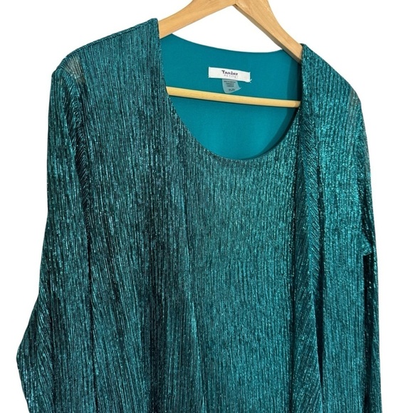 TanJay Tops - TanJay Sparkly Cocktail Top Sz Large Petite LP Turquoise Faux Cardigan EUC